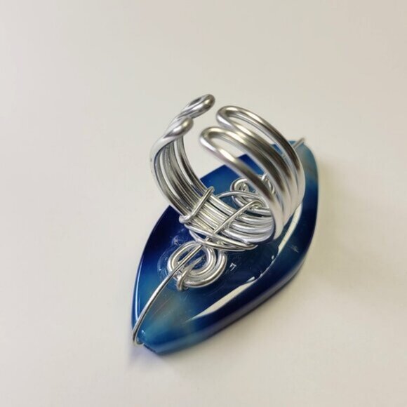 Huge Blue Agate Ring Adjustable Band Handmade Semi Precious Ring Oval Agate Ring - Picture 8 of 10